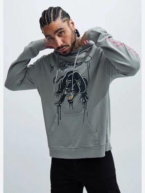 Ed Hardy Gray Hoodie with Black Panther Graphic and Pink Script